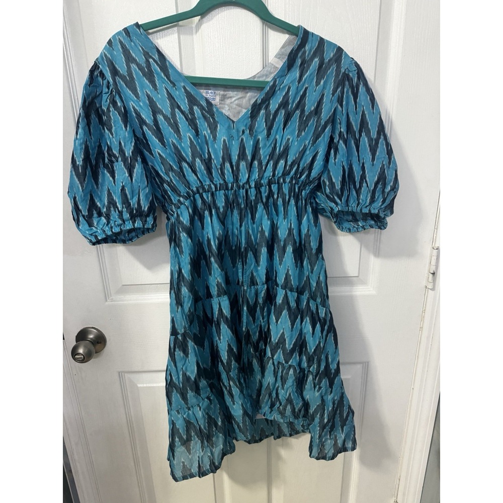 Mer St. Barth Women's Blue Puff-Sleeve Drawstring Florence Dress M Lined Chevron